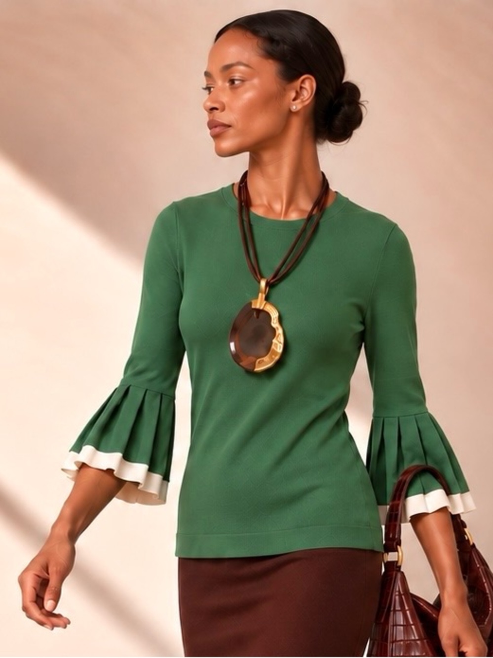 COS Kelly Green Pleated Bell Sleeve Knit Top Sz XS